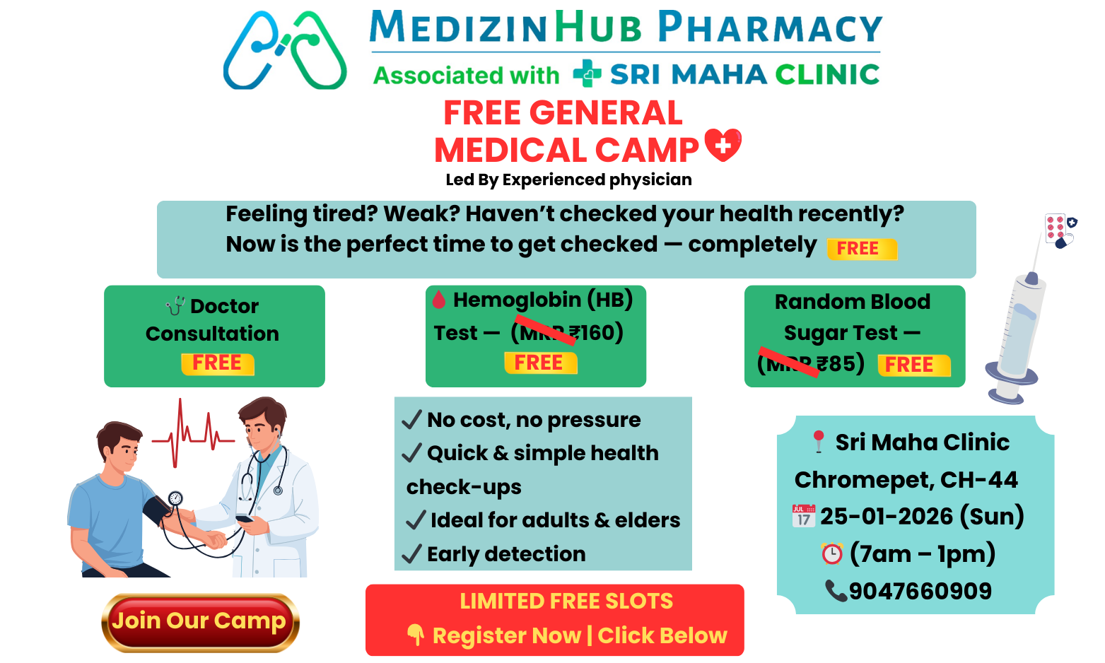 Free General Medical Camp – Sri Maha Clinic, Chromepet 